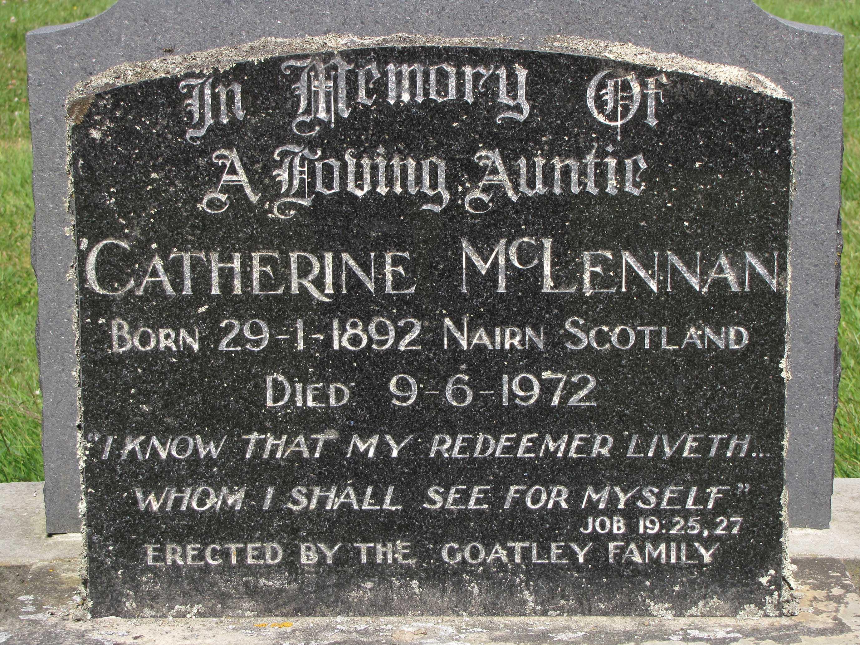 Photo of headstones/Catherine New Zealand McLennan 1892-1972 hdstn East Taieri